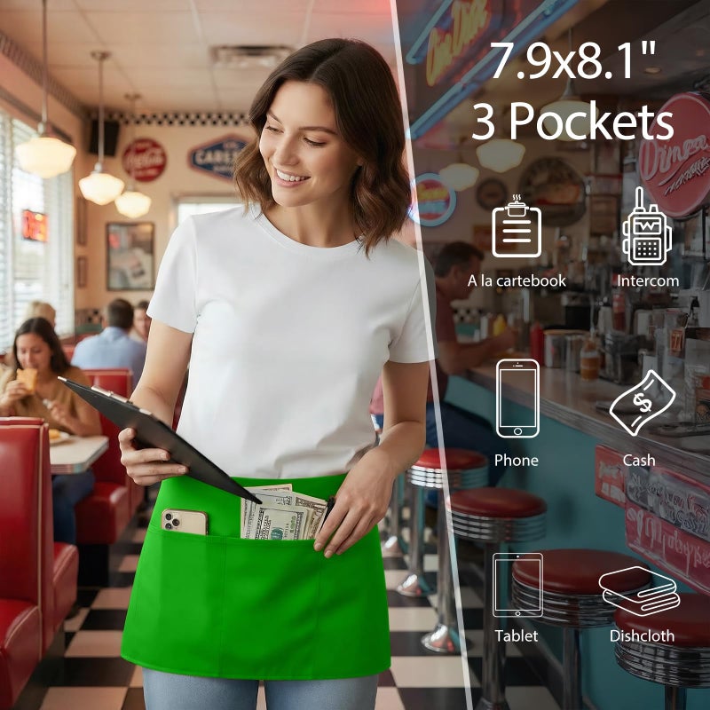 BOHARERS Waist Apron with 3 Pockets - Green Waitress Waiter Server Short Apron - Image 2